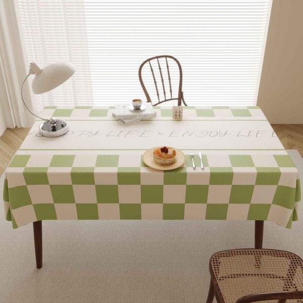 Elegant faux leather waterproof tablecloth with green checkered design and ENJOY LIFE message, perfect for modern homes and outdoor dining.