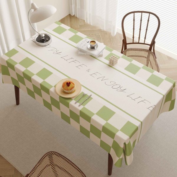 Elegant faux leather waterproof tablecloth with green checkered design and ENJOY LIFE message, perfect for modern homes and outdoor dining.