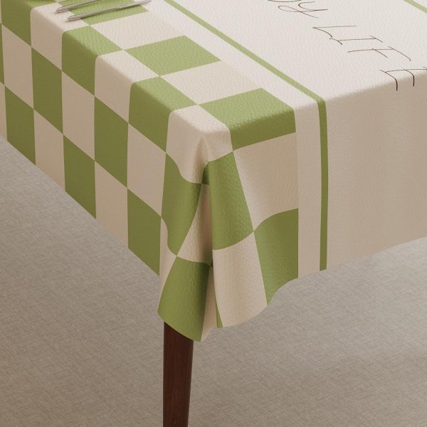 Elegant faux leather waterproof tablecloth with green checkered design and ENJOY LIFE message, perfect for modern homes and outdoor dining.