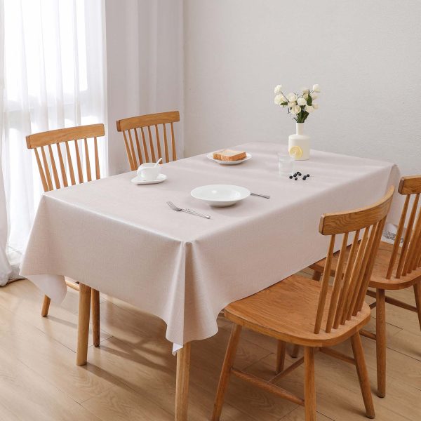 Beige geometric waterproof tablecloth made from PVC, oil-resistant and wipeable for indoor and outdoor dining settings.