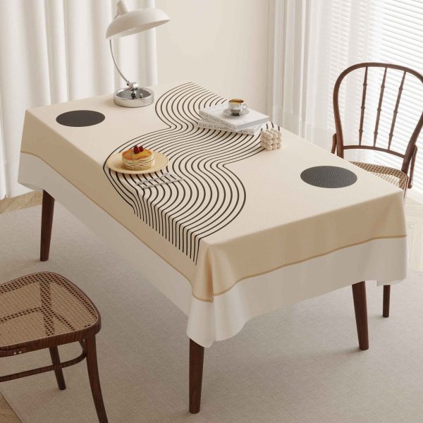 Beige faux leather waterproof tablecloth, ideal for indoor and outdoor use, with a stylish wave pattern.