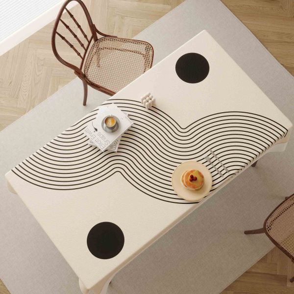 Beige faux leather waterproof tablecloth, ideal for indoor and outdoor use, with a stylish wave pattern.