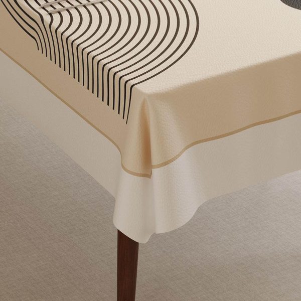 Beige faux leather waterproof tablecloth, ideal for indoor and outdoor use, with a stylish wave pattern.