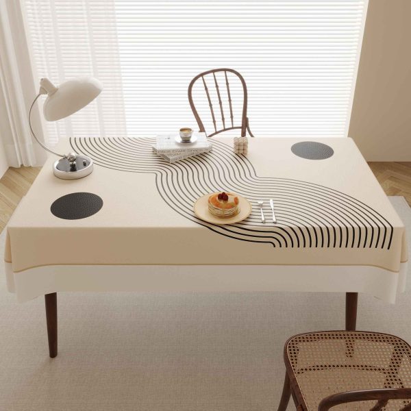 Beige faux leather waterproof tablecloth, ideal for indoor and outdoor use, with a stylish wave pattern.