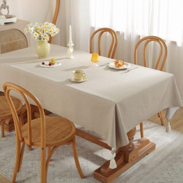 Brown Faux Linen Tablecloth with Tassels – Washable, Wipeable & Warm-Toned Elegance - Image 4