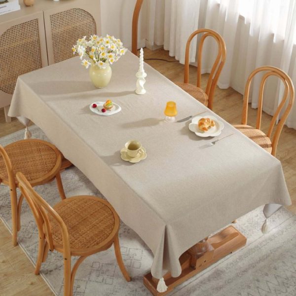 Brown Faux Linen Tablecloth with Tassels – Washable, Wipeable & Warm-Toned Elegance