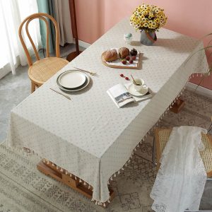 Rustic farmhouse table setting with floral table linens