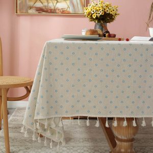 Botanical printed cotton linen tablecloth with fringe edges