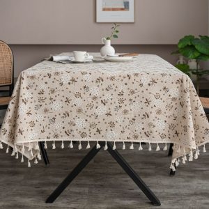 Vintage cotton linen tablecloth with floral pattern and tassel trim
