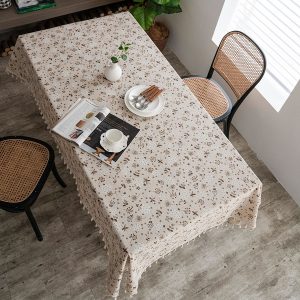 Rustic farmhouse dining table with floral table linens