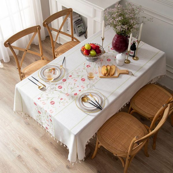 Vintage table linens with red flower embroidery