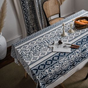 Antique-style cotton linen tablecloth displayed in a cozy kitchen
