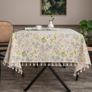 Vintage botanical cotton linen tablecloth with green plant prints and tassels