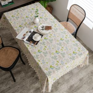 Floral table linens styled in a rustic farmhouse kitchen