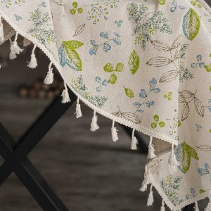 Green plant print cotton-linen tablecloth for vintage dining