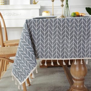 Cotton linen tablecloth with gray geometric pattern and tassels