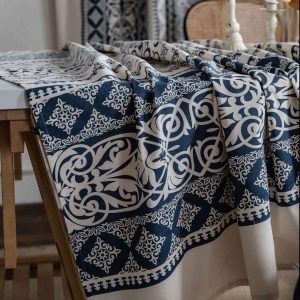 Soft cotton-linen blue cloth tablecloth for cozy home dining setup