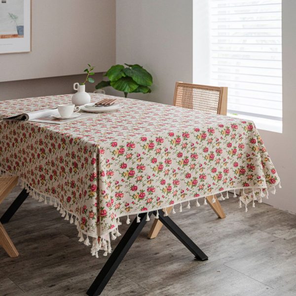 Cotton-linen floral fabric tablecloth in a farmhouse kitchen setting