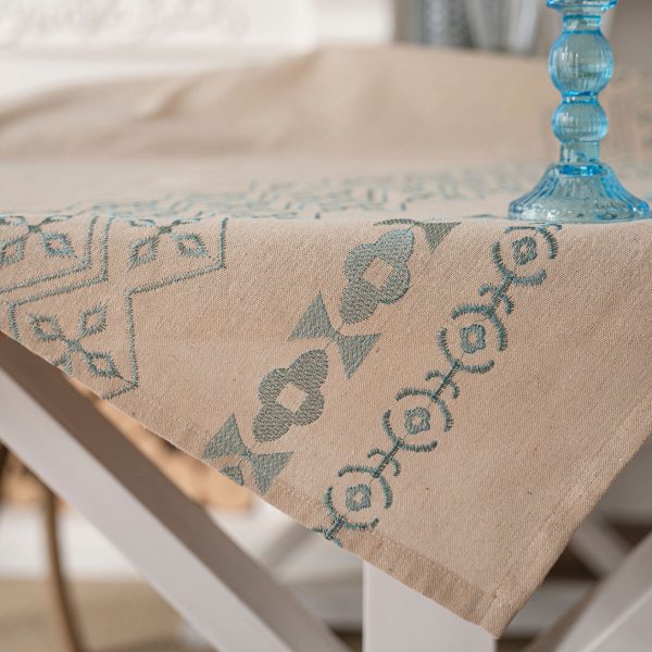 Geometric print tablecloth in beige linen, styled for farmhouse decor
