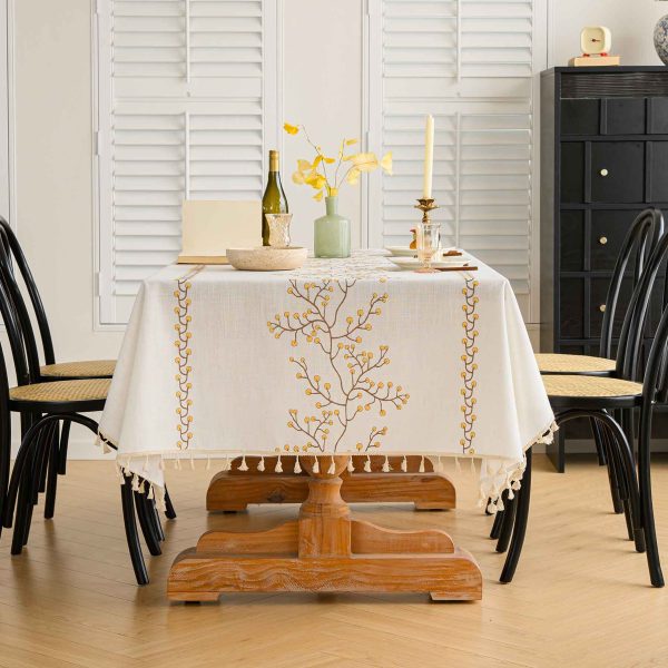 Close-up of detailed stitching and texture on faux linen tablecloth