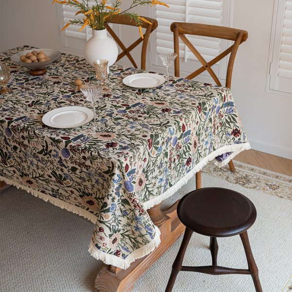 Retro-style table linens with blue and white flower patterns for cozy indoor kitchen decor