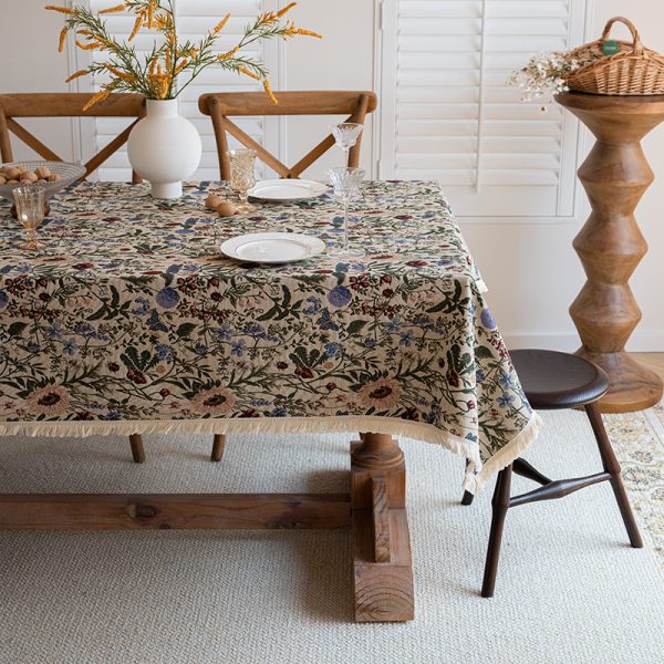 Romantic cotton linen table cover with daisy flower print, perfect for picnic or patio use